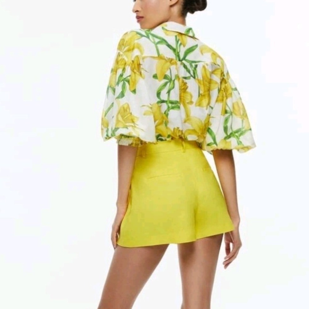 Alice +‎ Olivia Maylin Yellow Lily Floral Silk Blend Puff Sleeve Blouse Large - Picture 2 of 16